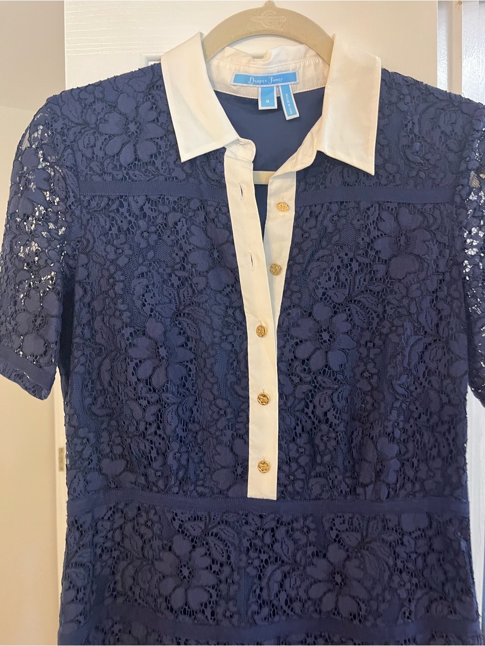 Draper James Navy Lace Dress with White Button Placket and Collar